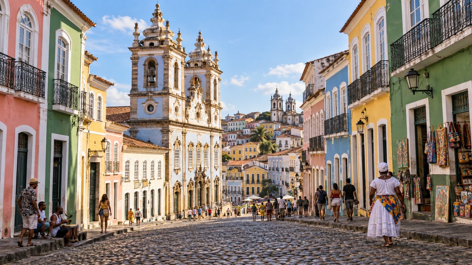 Pelourinho con strade colorate e chiesa storica