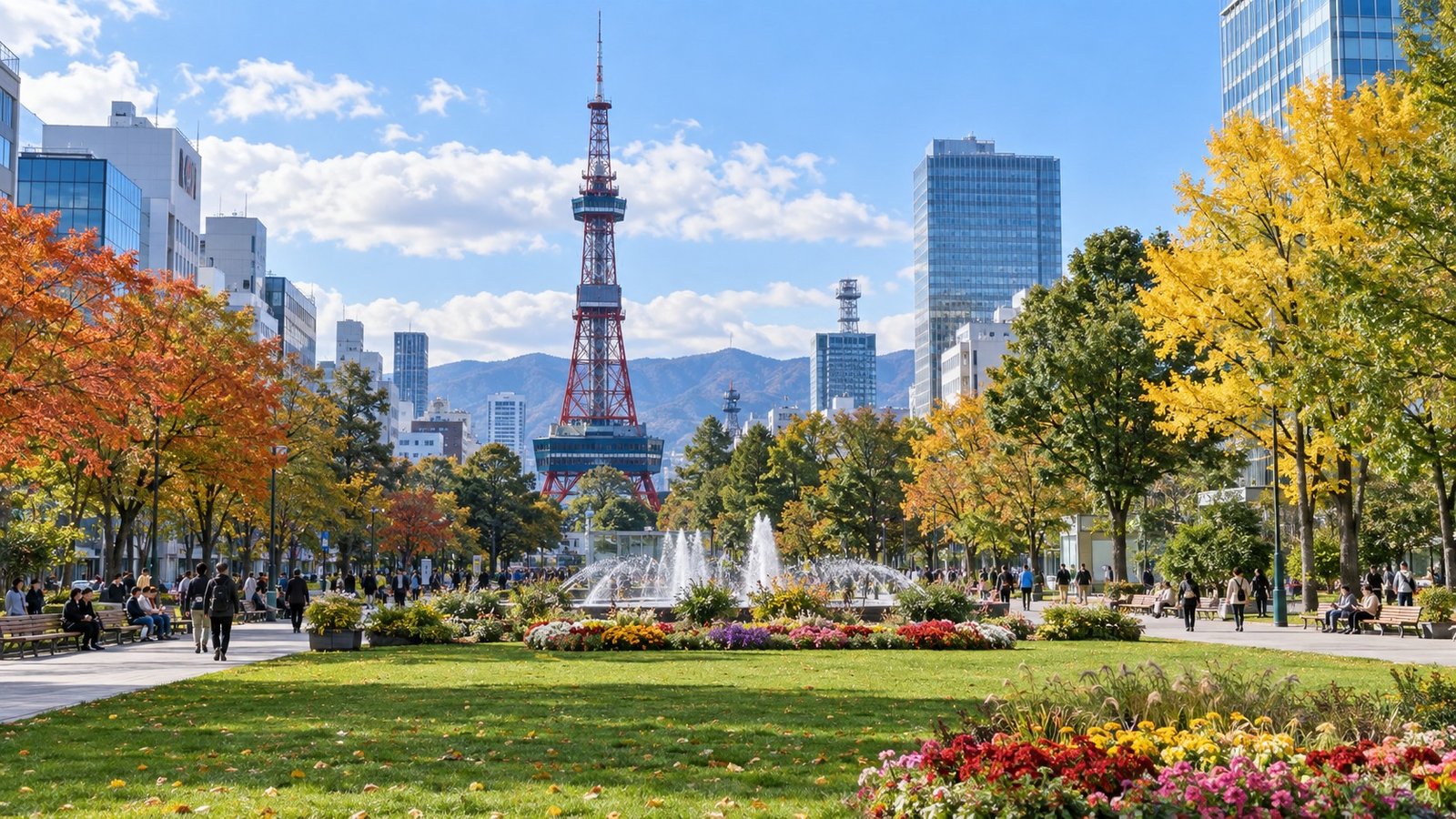 Odori Park e skyline di Sapporo con la torre televisiva