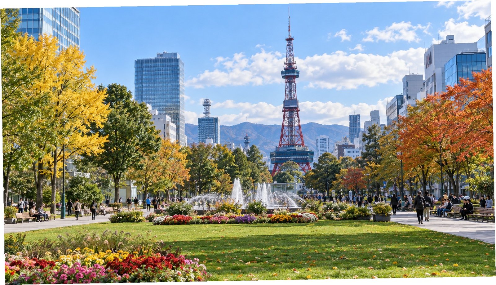 Odori Park e skyline di Sapporo con la torre televisiva