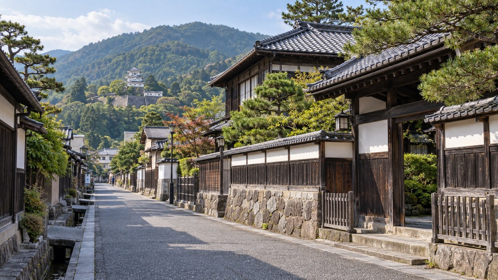 Strada storica di Shibata con residenza tradizionale e colline verdi