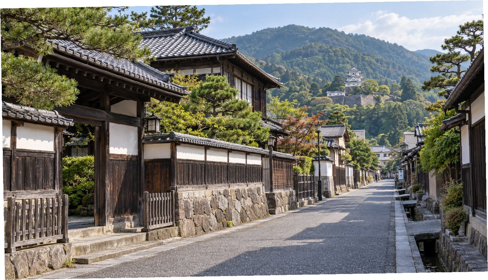 Strada storica di Shibata con residenza tradizionale e colline verdi