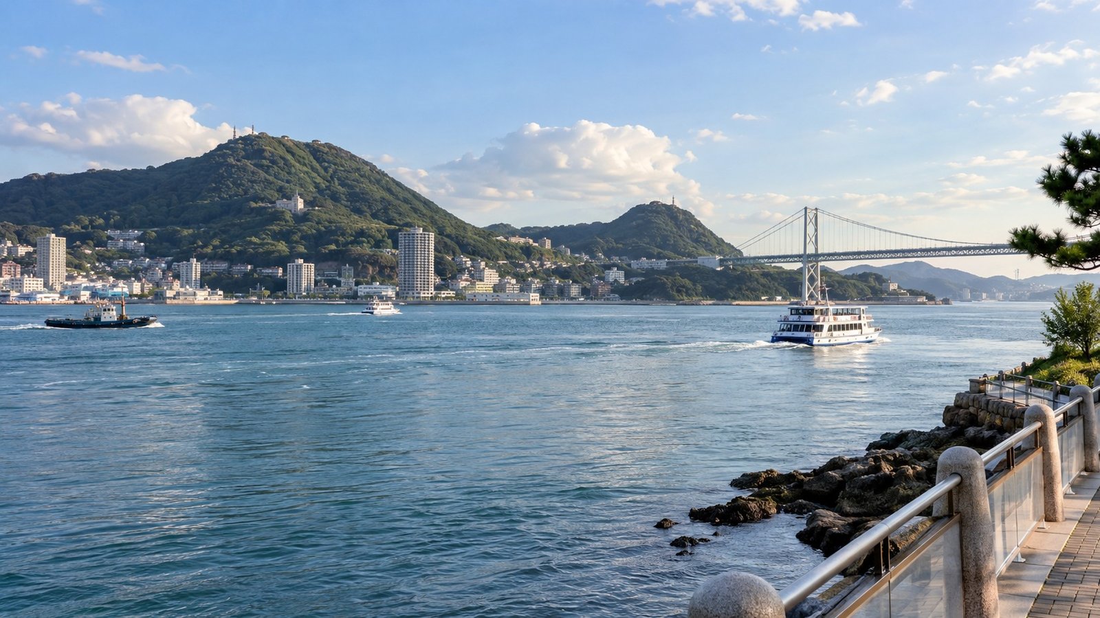 Imbarcazioni sullo stretto di Kanmon davanti alla costa di Shimonoseki