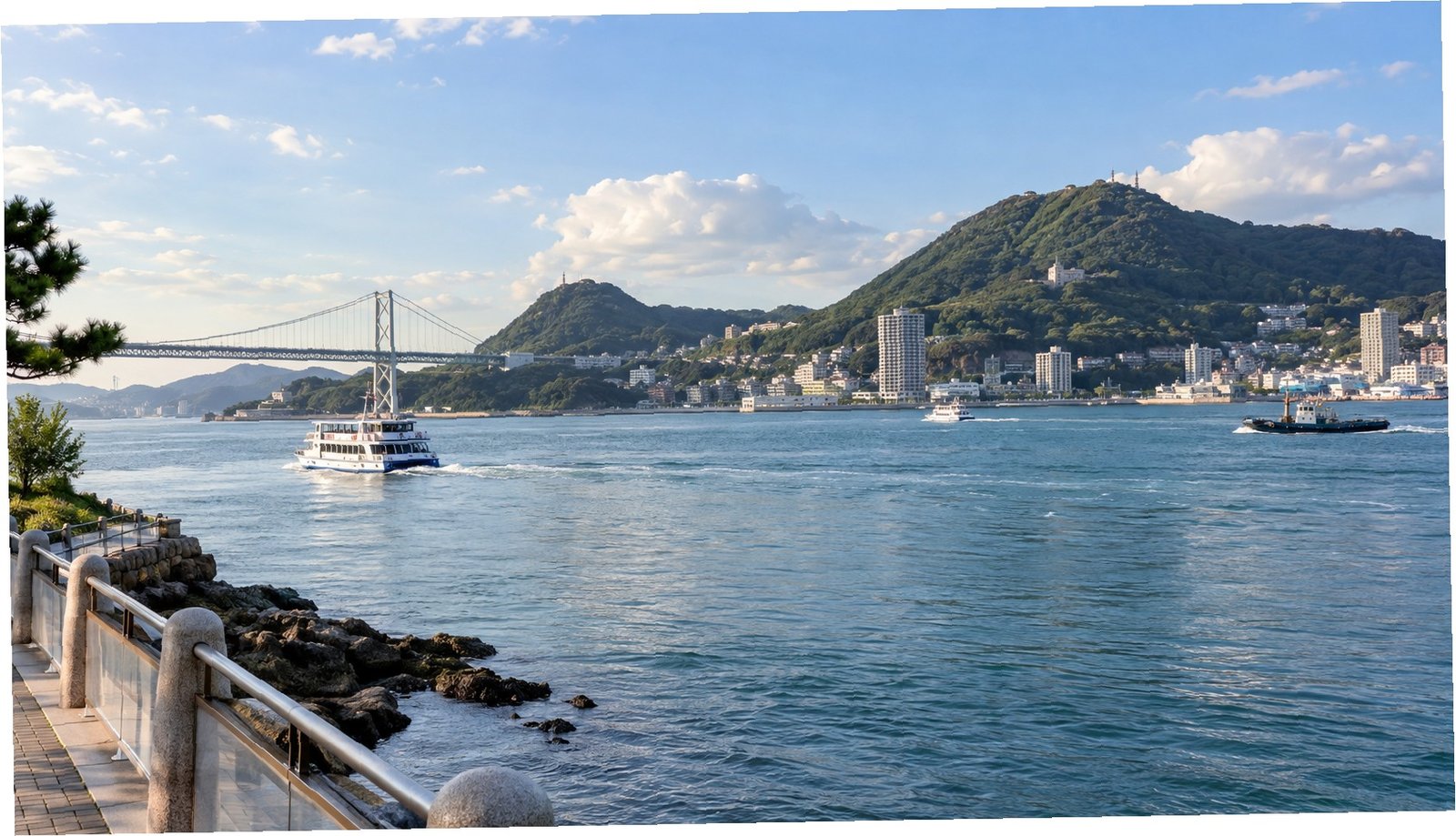 Imbarcazioni sullo stretto di Kanmon davanti alla costa di Shimonoseki