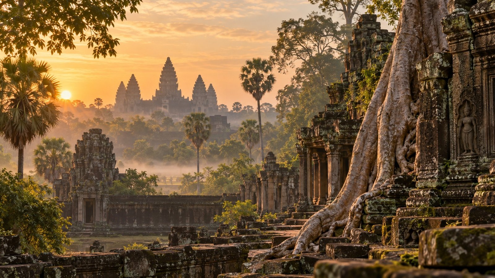 Tempio di Angkor tra alberi tropicali all’alba