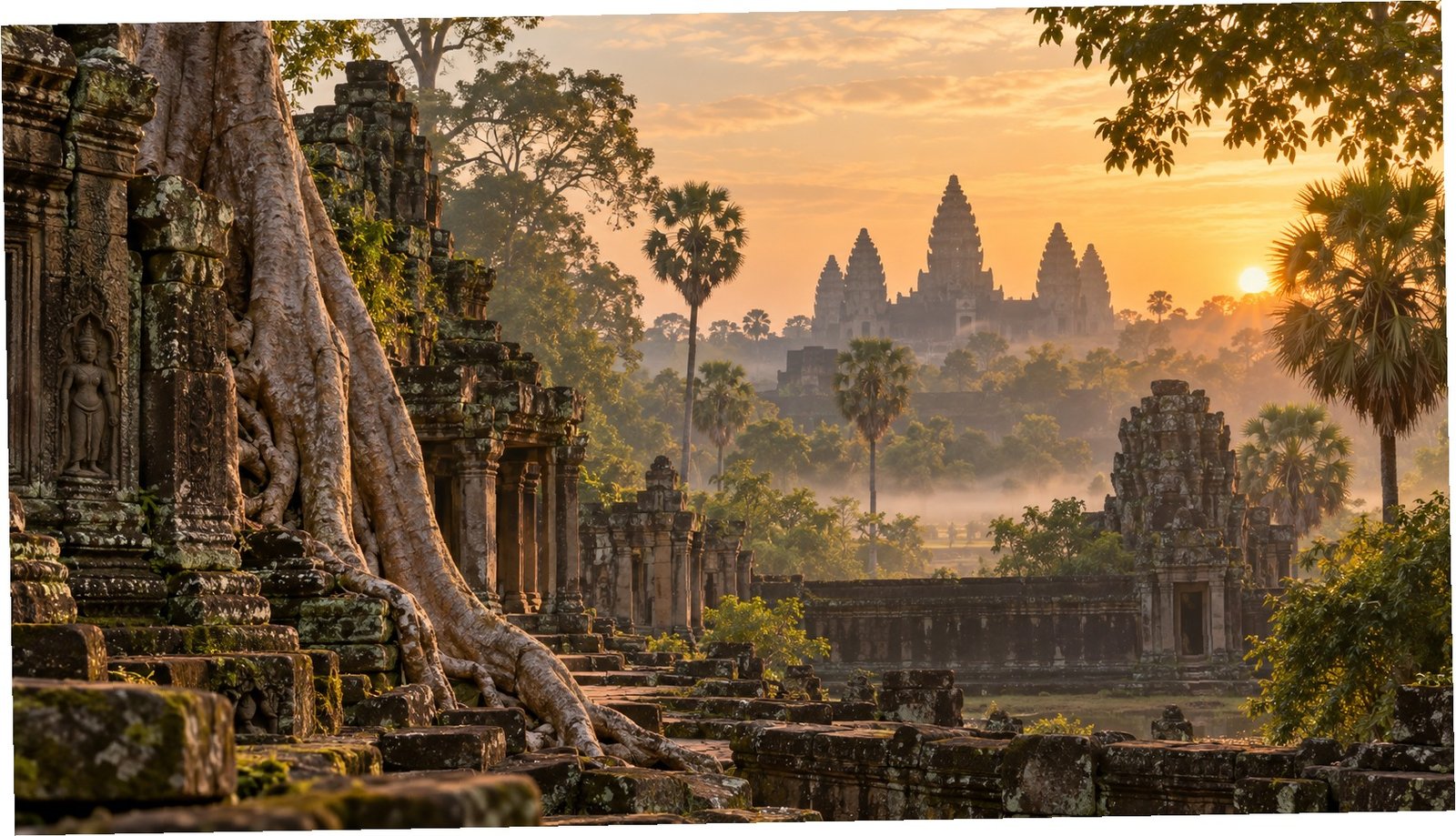 Tempio di Angkor tra alberi tropicali all’alba