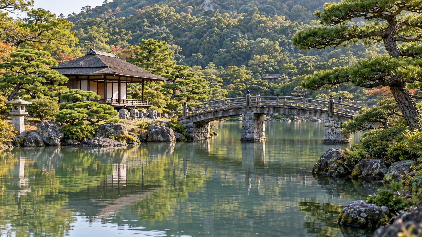 Padiglione e laghetto nel giardino Ritsurin di Takamatsu