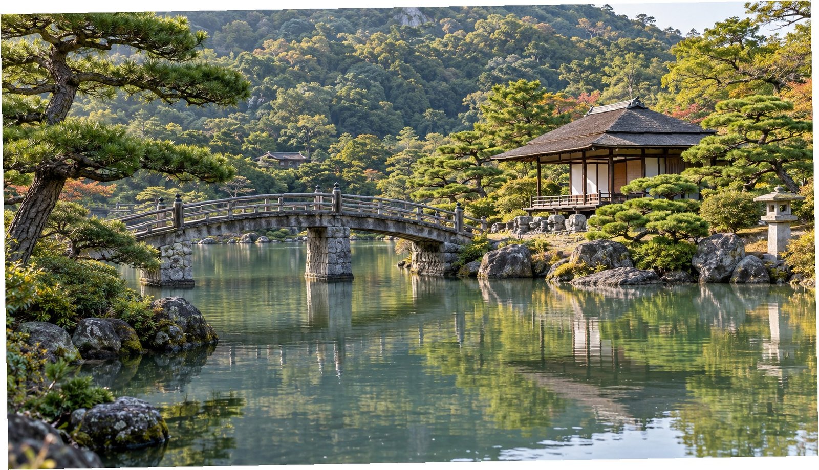Padiglione e laghetto nel giardino Ritsurin di Takamatsu