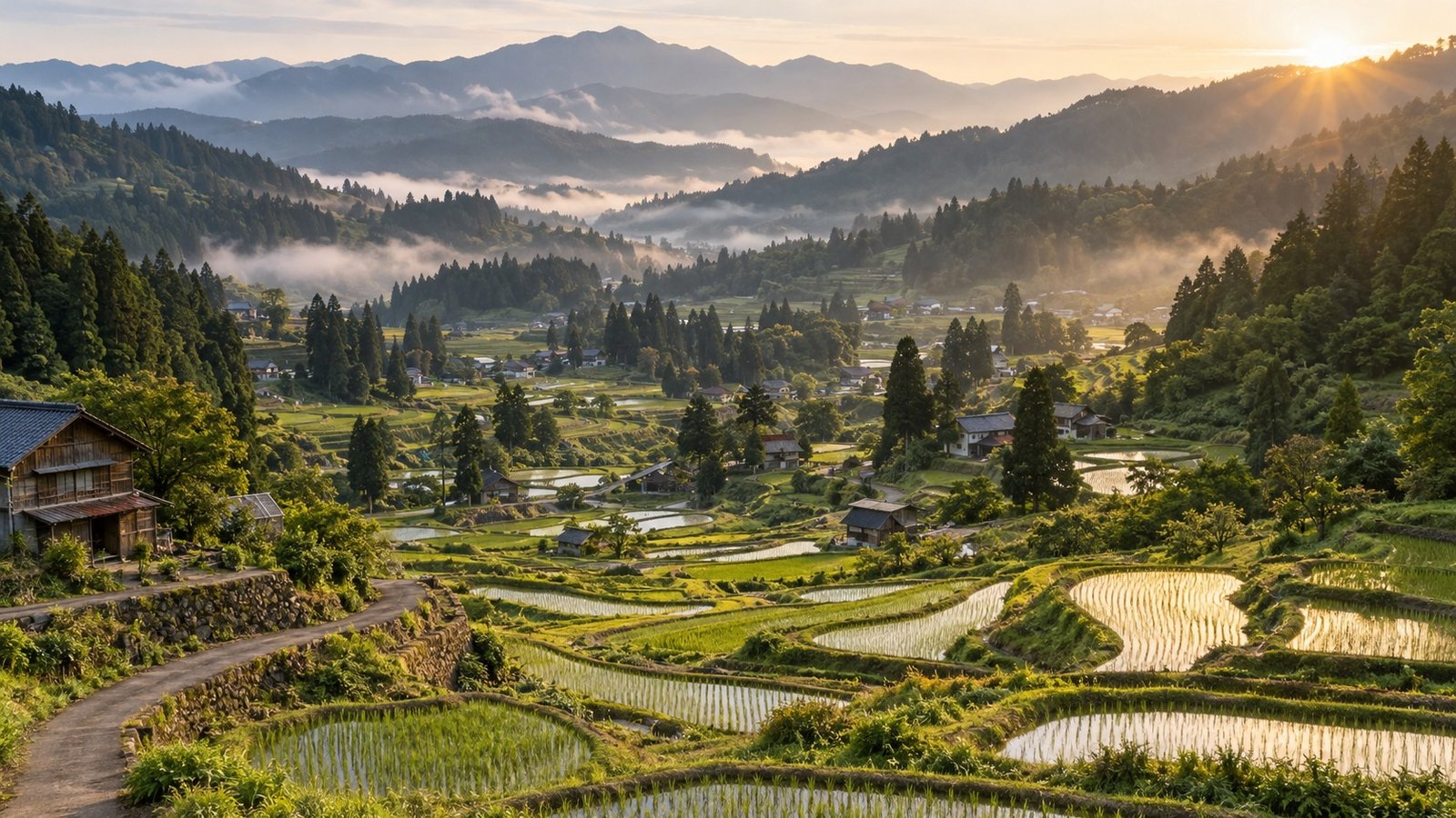 Risaie terrazzate di Tokamachi in una valle verde del Niigata