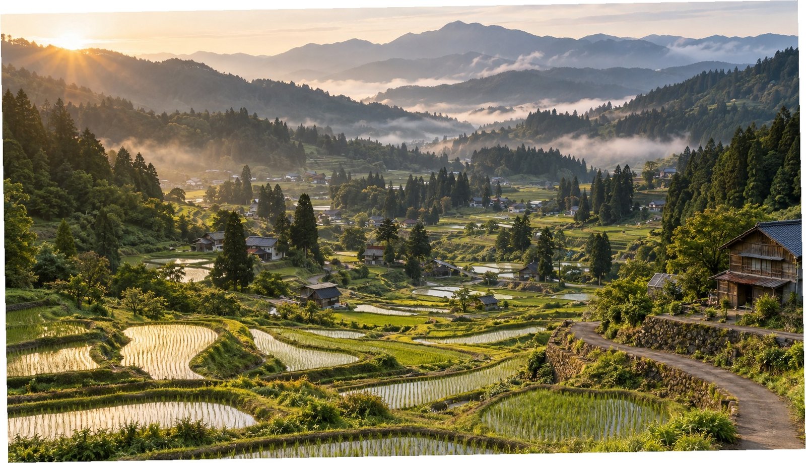 Risaie terrazzate di Tokamachi in una valle verde del Niigata