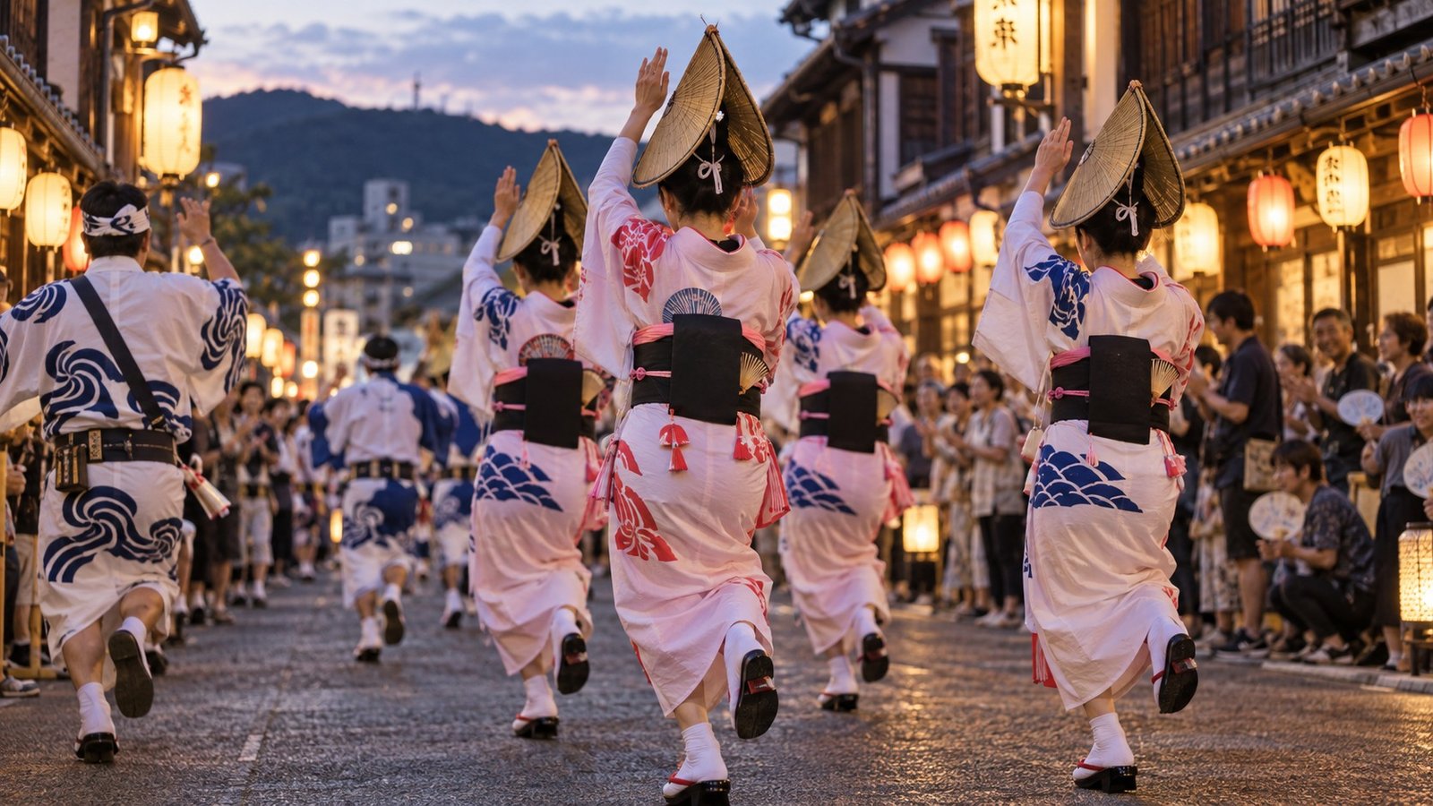 Atmosfera serale di una strada di Tokushima durante la danza tradizionale