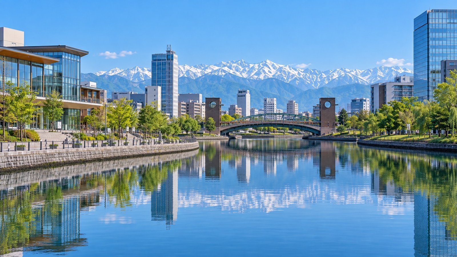 Canale e skyline di Toyama con le Alpi giapponesi sullo sfondo