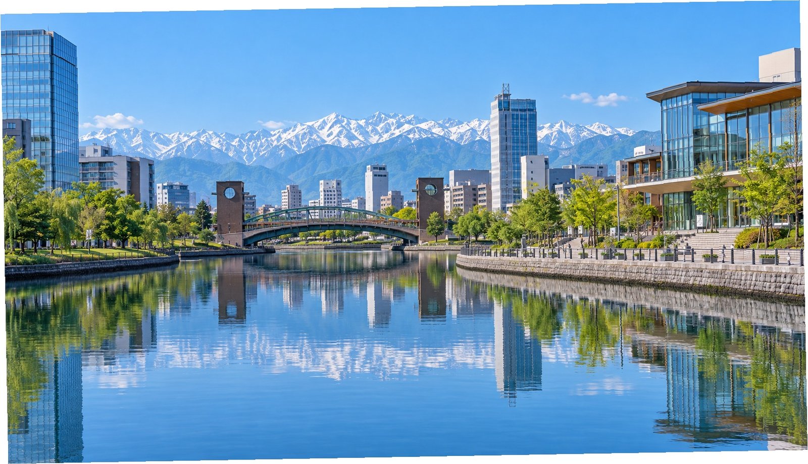 Canale e skyline di Toyama con le Alpi giapponesi sullo sfondo