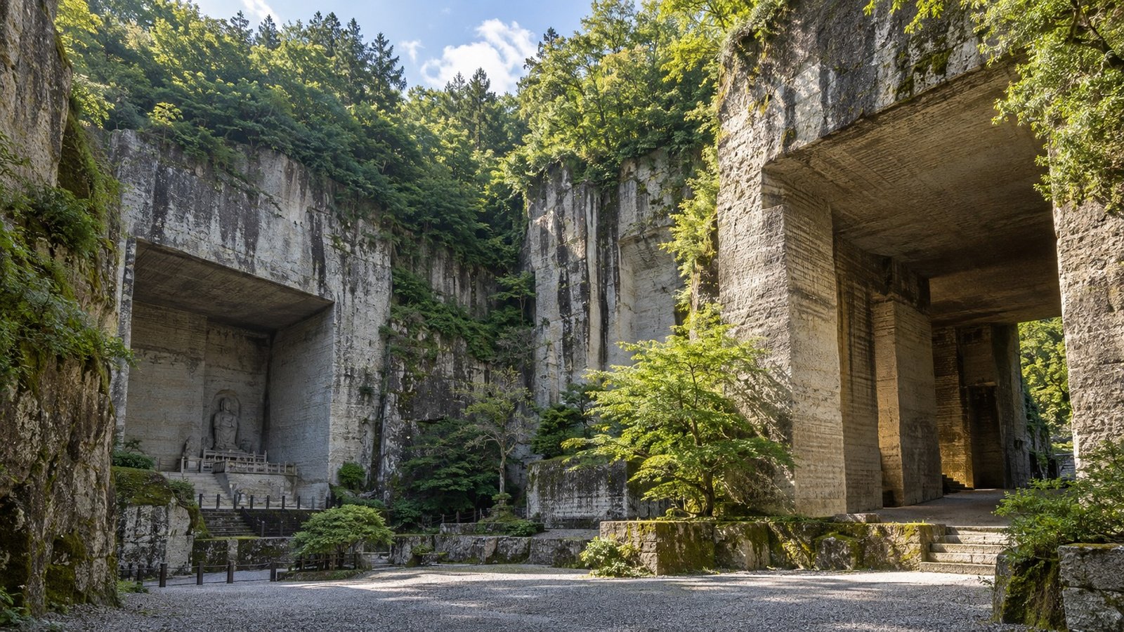 Pareti di pietra scolpita e vegetazione nell’area di Oya vicino a Utsunomiya