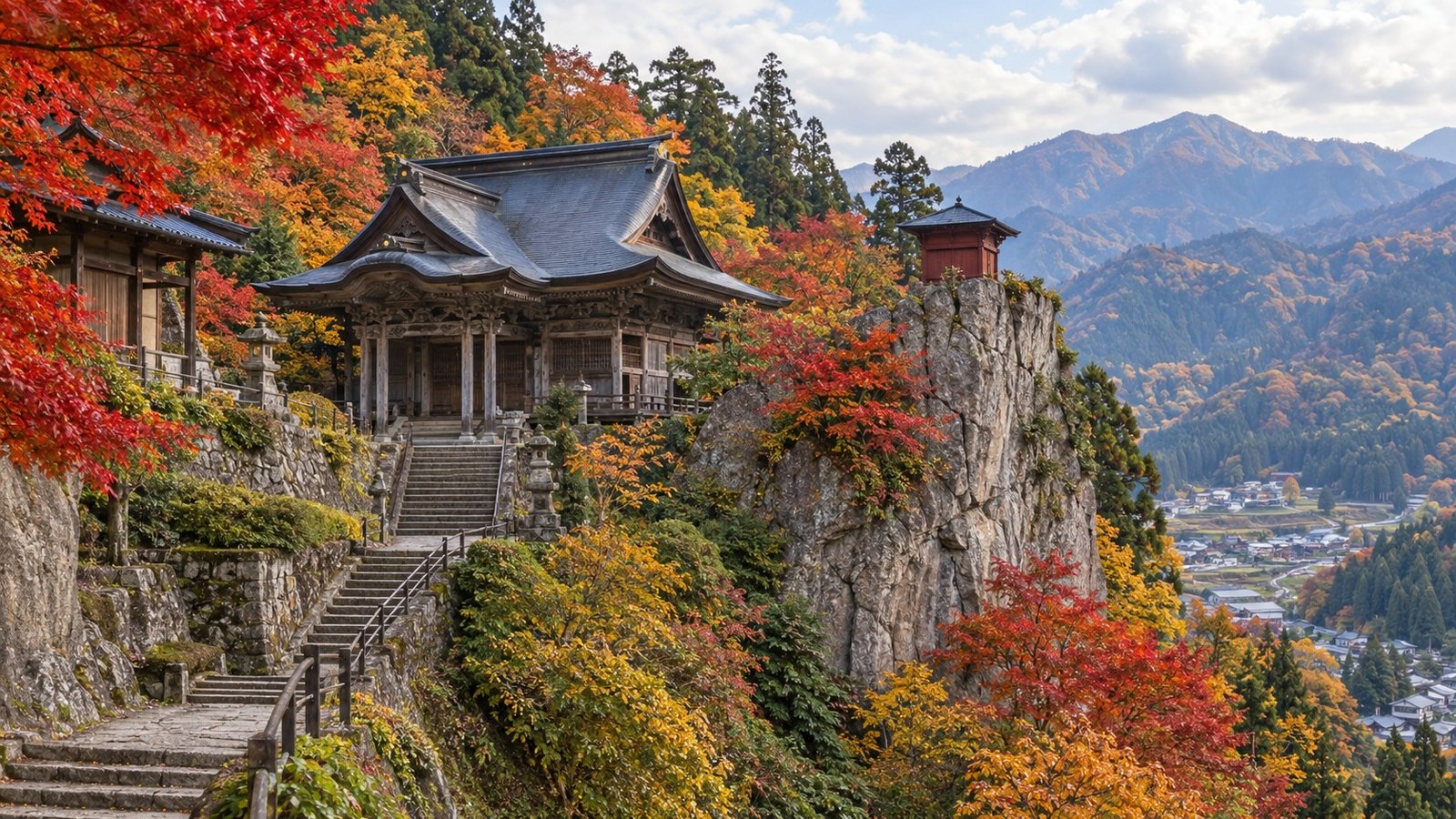 Il tempio Yamadera sulla montagna tra gli alberi autunnali