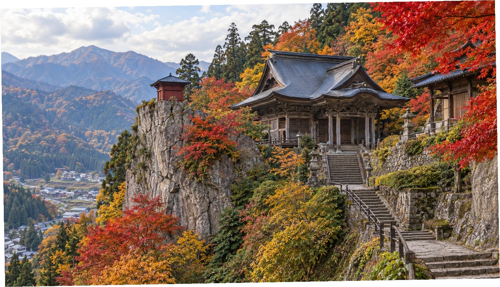 Il tempio Yamadera sulla montagna tra gli alberi autunnali