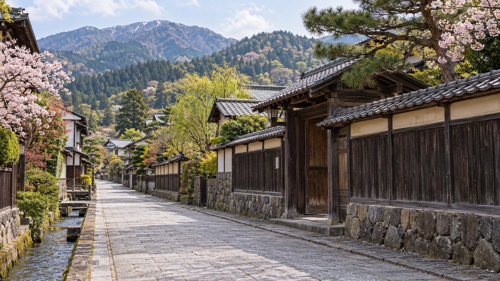 Strada tranquilla di Yonezawa tra case tradizionali e montagne verdi