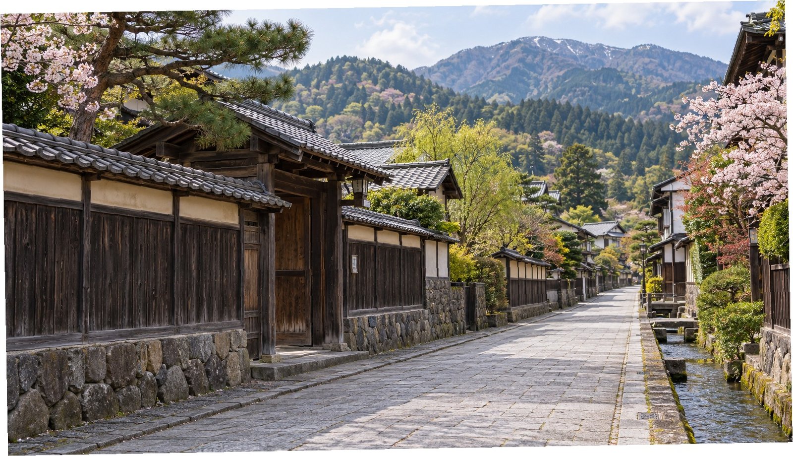 Strada tranquilla di Yonezawa tra case tradizionali e montagne verdi